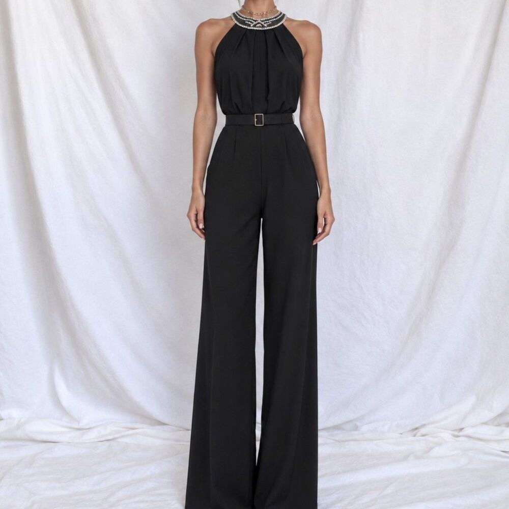 Vintage Y2K 90s Sleeveless Halter Neck Beaded Straight Leg Knit Jumpsuit Size M
